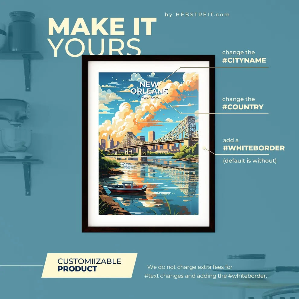 New Orleans Louisiana Skyline - A Bridge Over A River With A Boat In The Foreground - Customizable Travel Gift Default Title