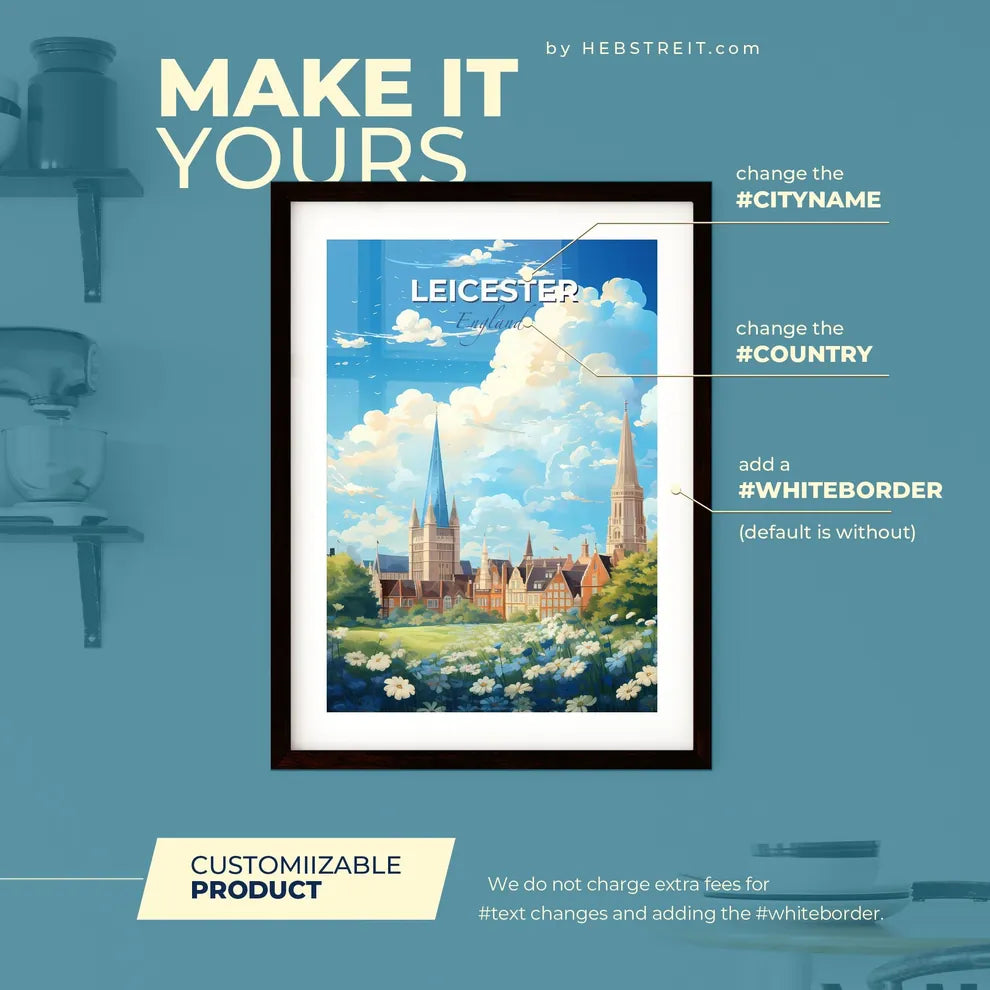 Leicester England Skyline - A Landscape Of A City With A Field Of Flowers And Buildings - Customizable Travel Gift Default Title