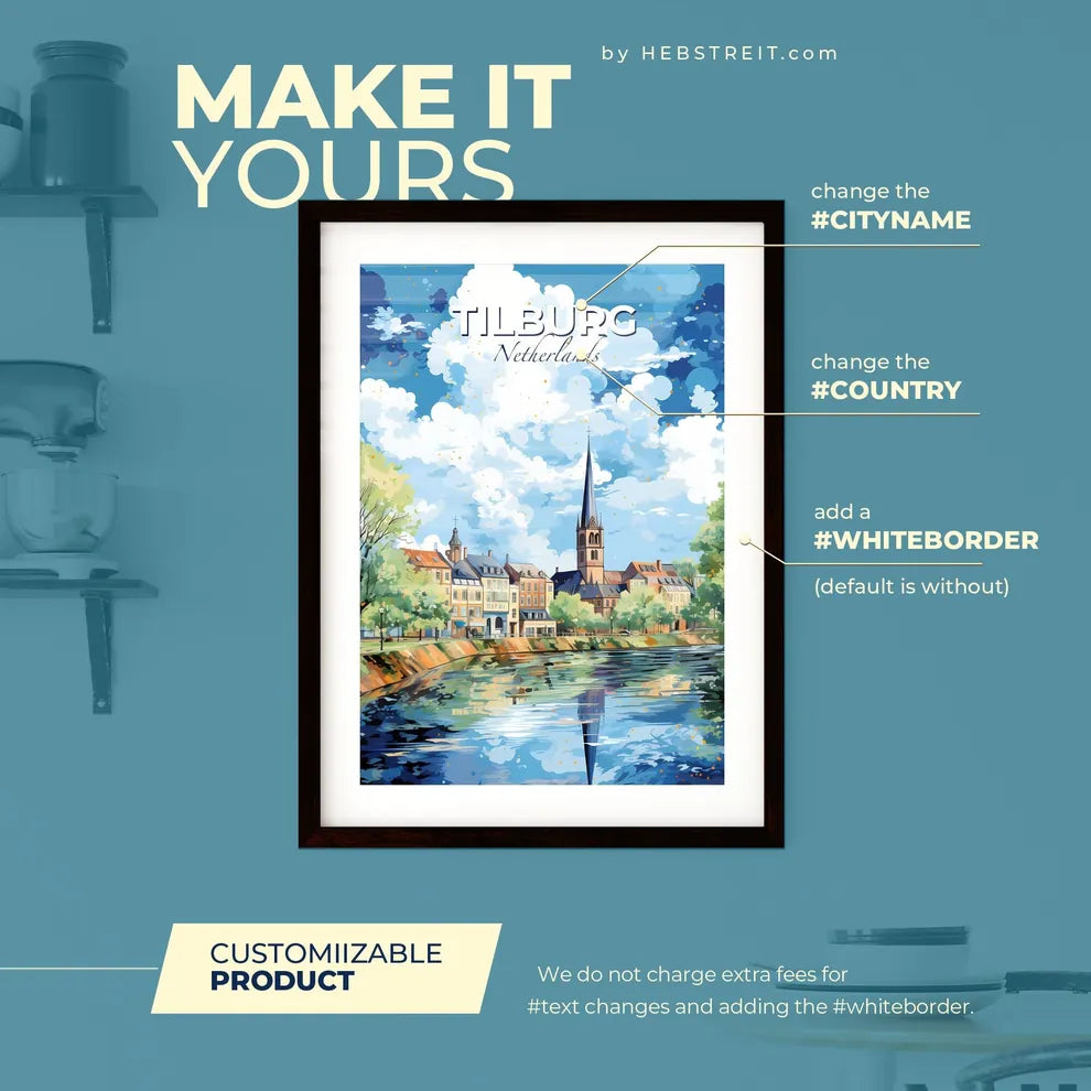 Tilburg Netherlands Skyline - A Water Body With Buildings And Trees - Customizable Travel Gift Default Title