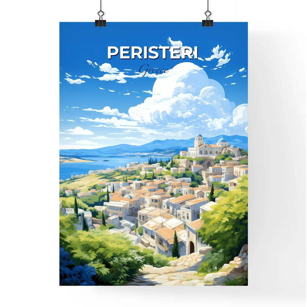 Peristeri Greece Skyline - A Landscape Of A Town With A Body Of Water And Mountains - Customizable Travel Gift Default Title