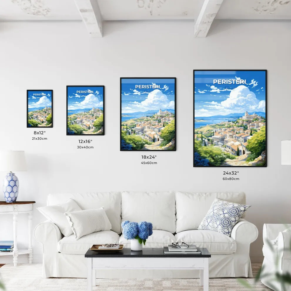 Peristeri Greece Skyline - A Landscape Of A Town With A Body Of Water And Mountains - Customizable Travel Gift Default Title