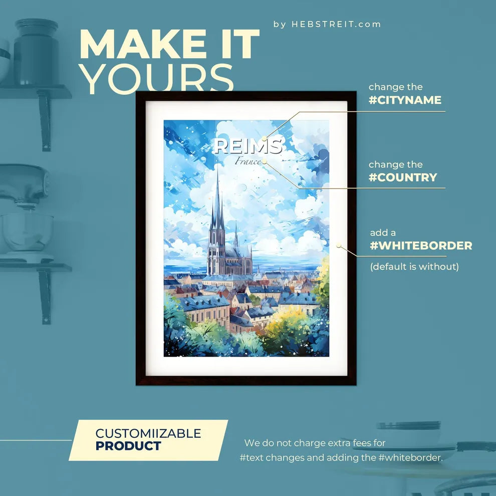 Reims France Skyline - A City With A Tall Tower - Customizable Travel Gift Default Title