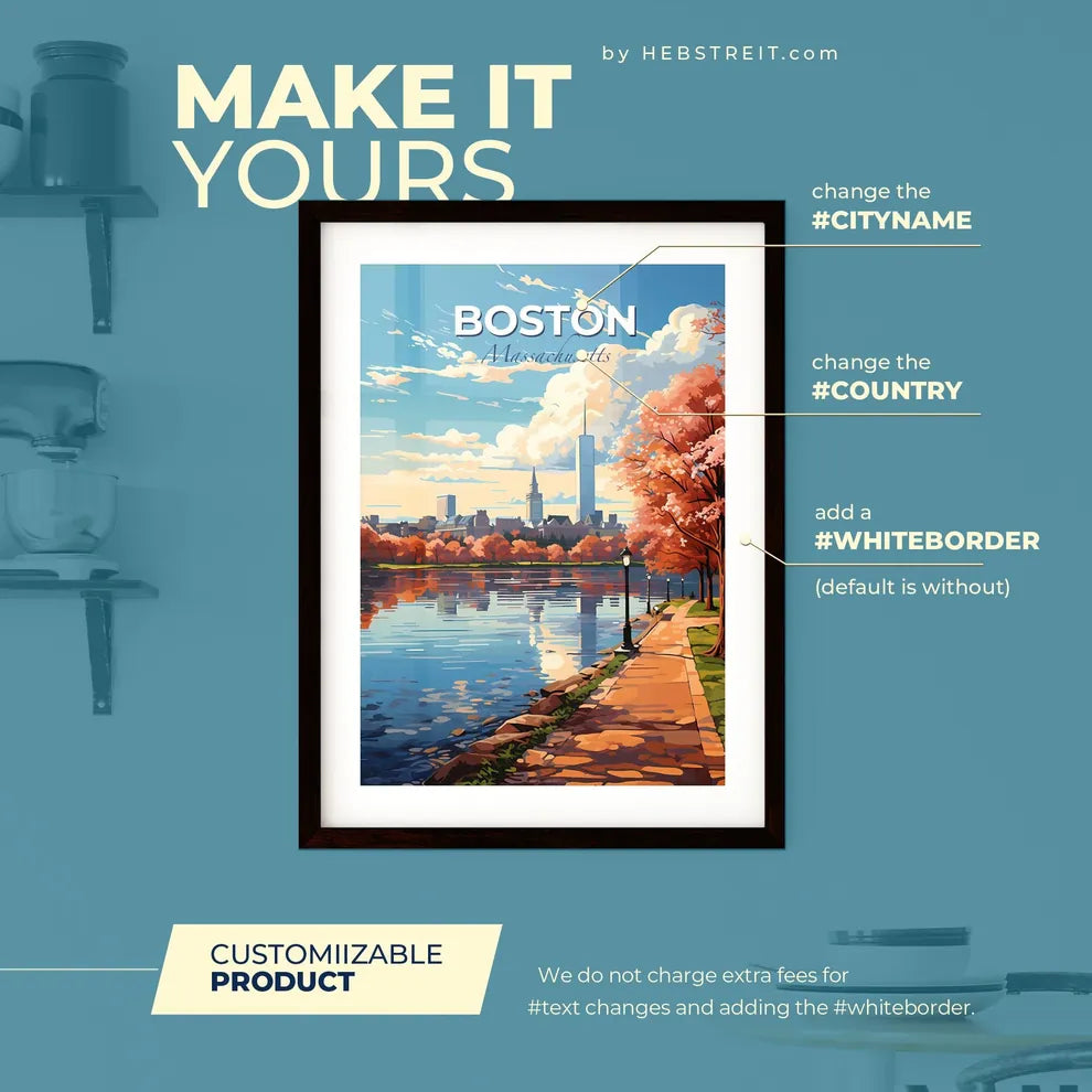 Boston Massachusetts Skyline - A Path With Trees Next To A Body Of Water - Customizable Travel Gift Default Title