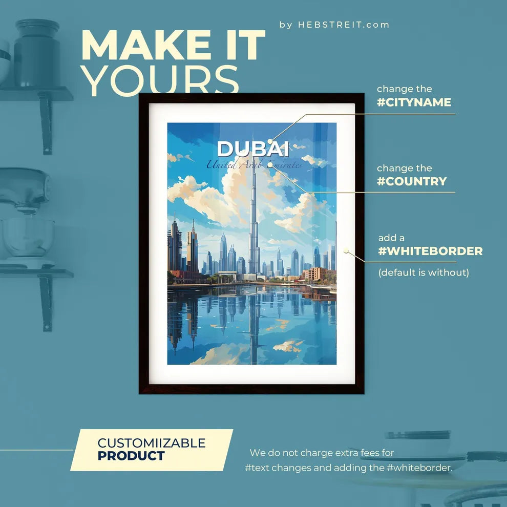 Dubai United Arab Emirates Skyline - A City Skyline With A Body Of Water - Customizable Travel Gift Default Title