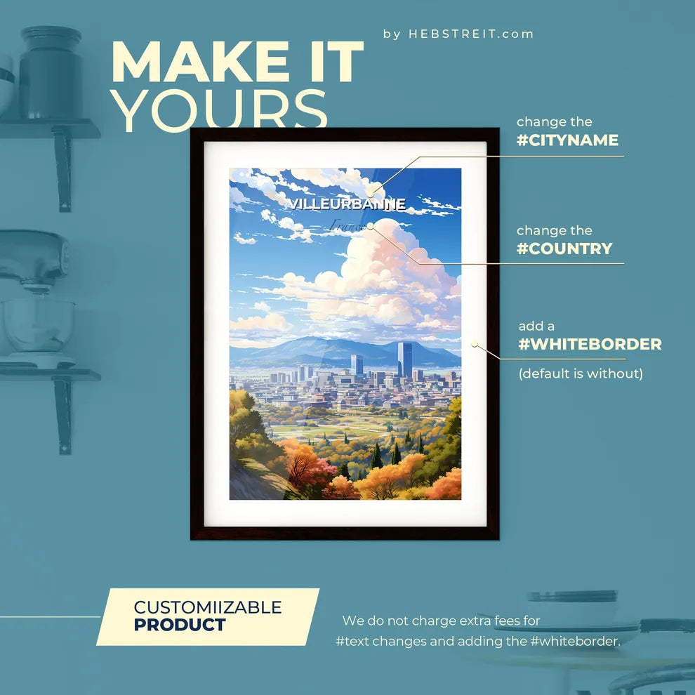 Villeurbanne France Skyline - A Landscape Of A City With Trees And Mountains - Customizable Travel Gift Default Title