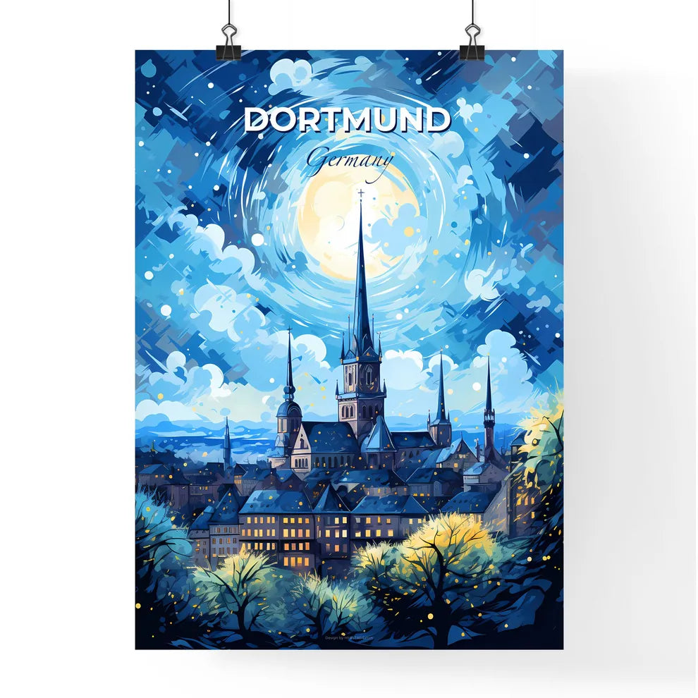 Dortmund Germany Skyline - A Building With A Spire And A Moon In The Sky - Customizable Travel Gift Default Title