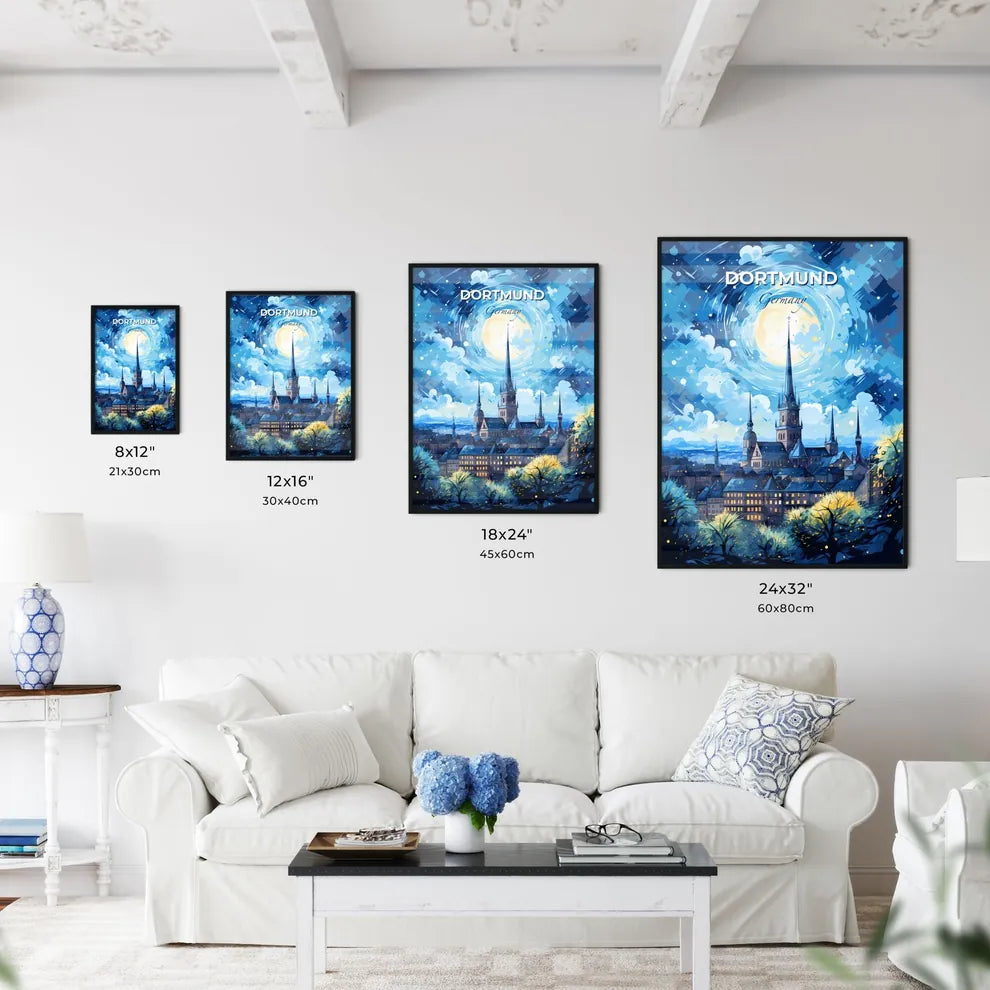 Dortmund Germany Skyline - A Building With A Spire And A Moon In The Sky - Customizable Travel Gift Default Title