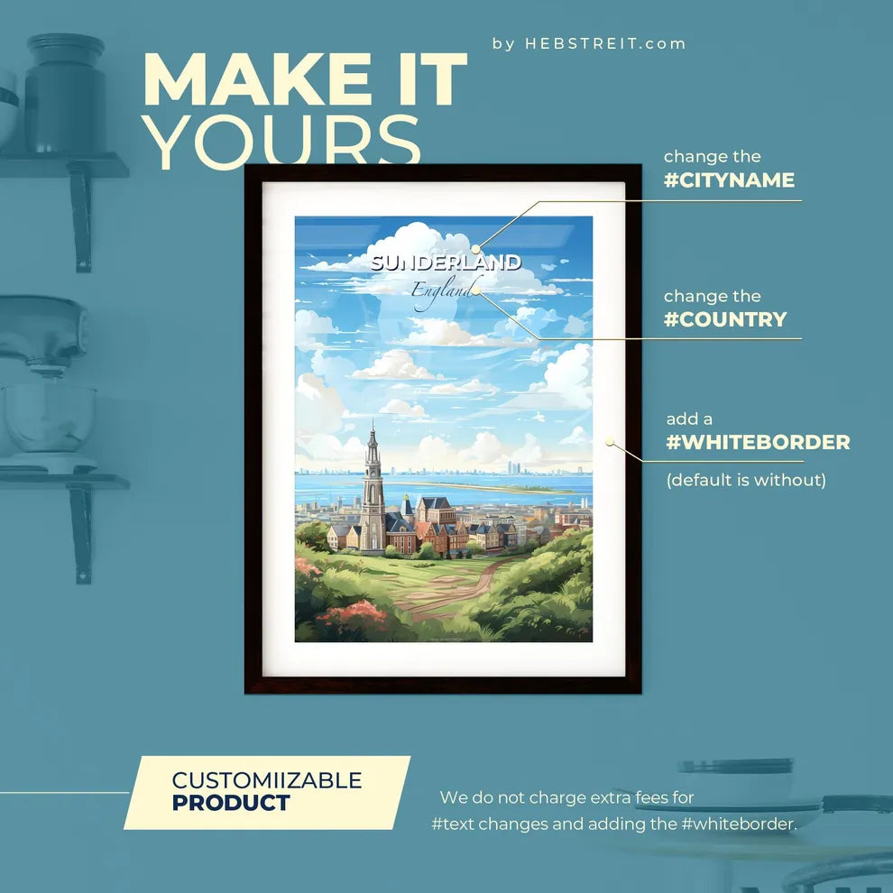 Sunderland England Skyline - A Landscape Of A City With A Tall Tower And A Body Of Water - Customizable Travel Gift Default Title