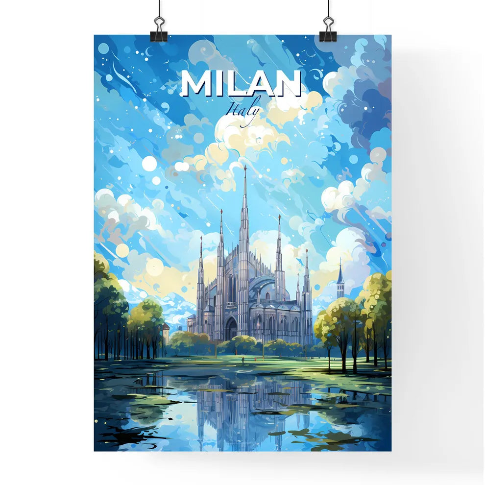Milan Italy Skyline - A Painting Of A Castle With Trees And A Pond - Customizable Travel Gift Default Title