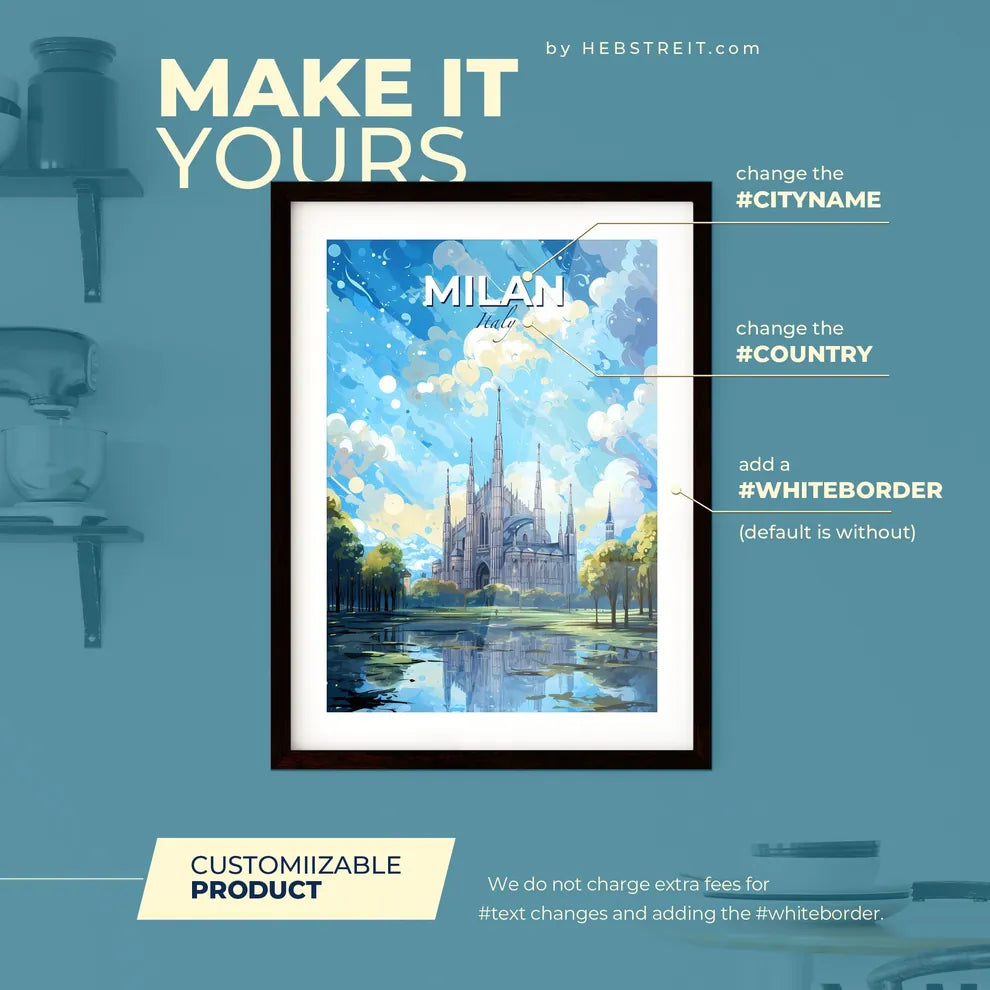 Milan Italy Skyline - A Painting Of A Castle With Trees And A Pond - Customizable Travel Gift Default Title