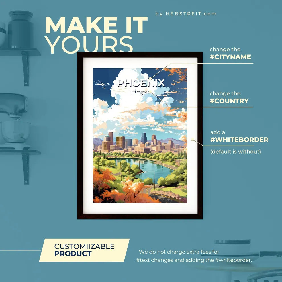 Phoenix Arizona Skyline - A City Landscape With A River And Trees - Customizable Travel Gift Default Title