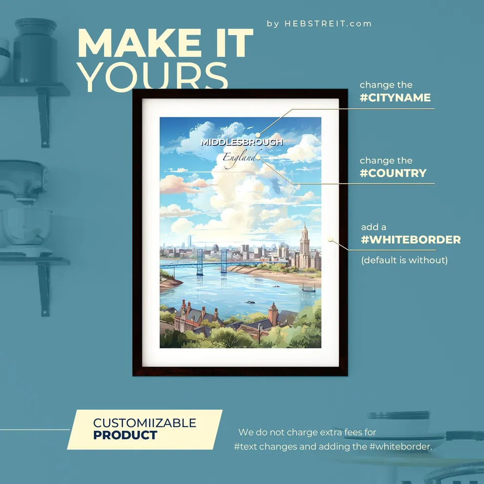 Middlesbrough England Skyline - A Bridge Over A River With Buildings And Trees - Customizable Travel Gift Default Title