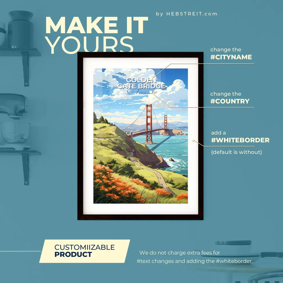 Golden Gate Bridge - Golden Gate Bridge Over Water With Flowers And Trees - Customizable Travel Gift Default Title