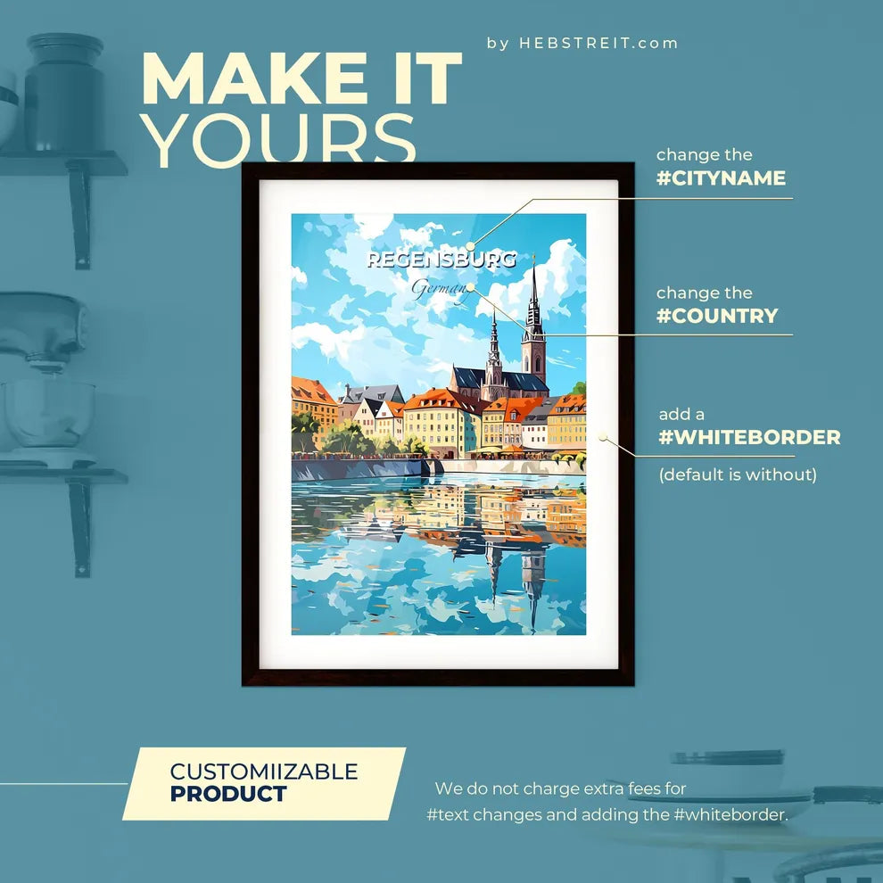 Regensburg Bavaria Germany Skyline - A Water Body With Buildings And Trees - Customizable Travel Gift Default Title