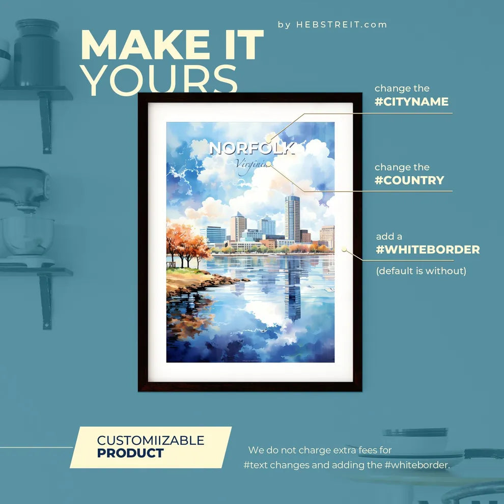 Norfolk Virginia Skyline - A Watercolor Of A City With Trees And A Body Of Water - Customizable Travel Gift Default Title