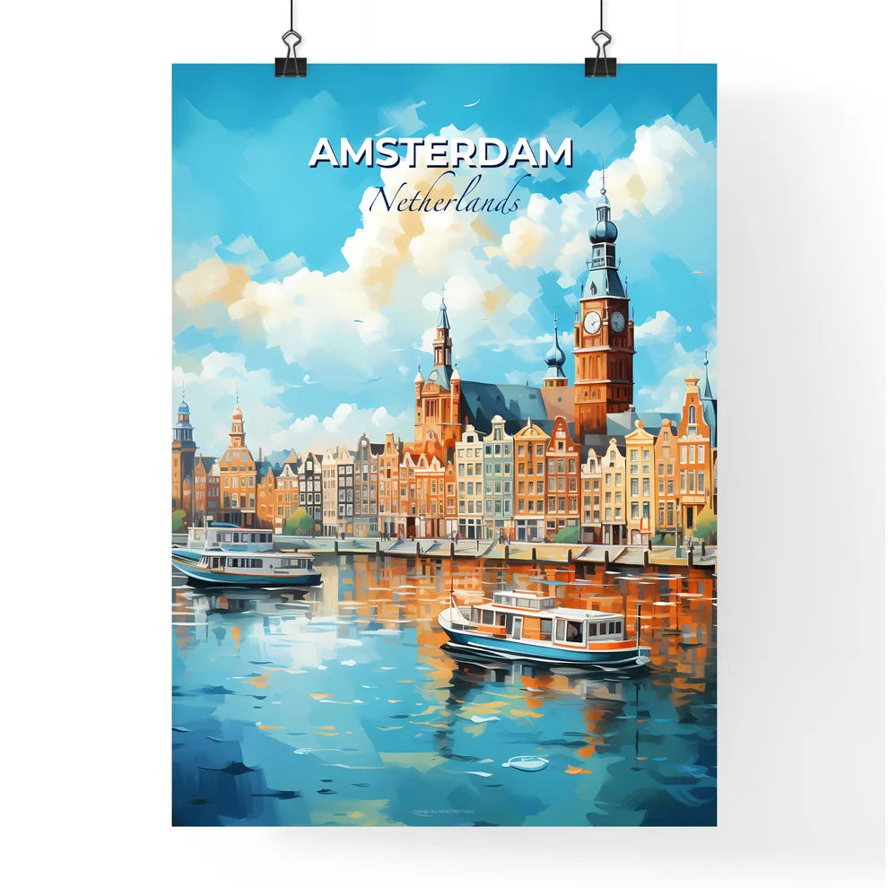 Amsterdam Netherlands Skyline - A Water With Boats And A City With A Clock Tower - Customizable Travel Gift Default Title
