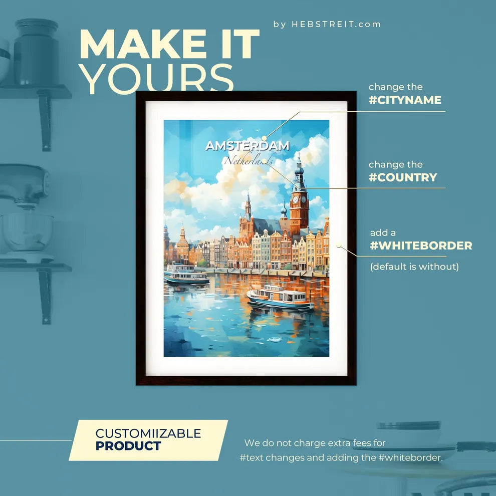 Amsterdam Netherlands Skyline - A Water With Boats And A City With A Clock Tower - Customizable Travel Gift Default Title