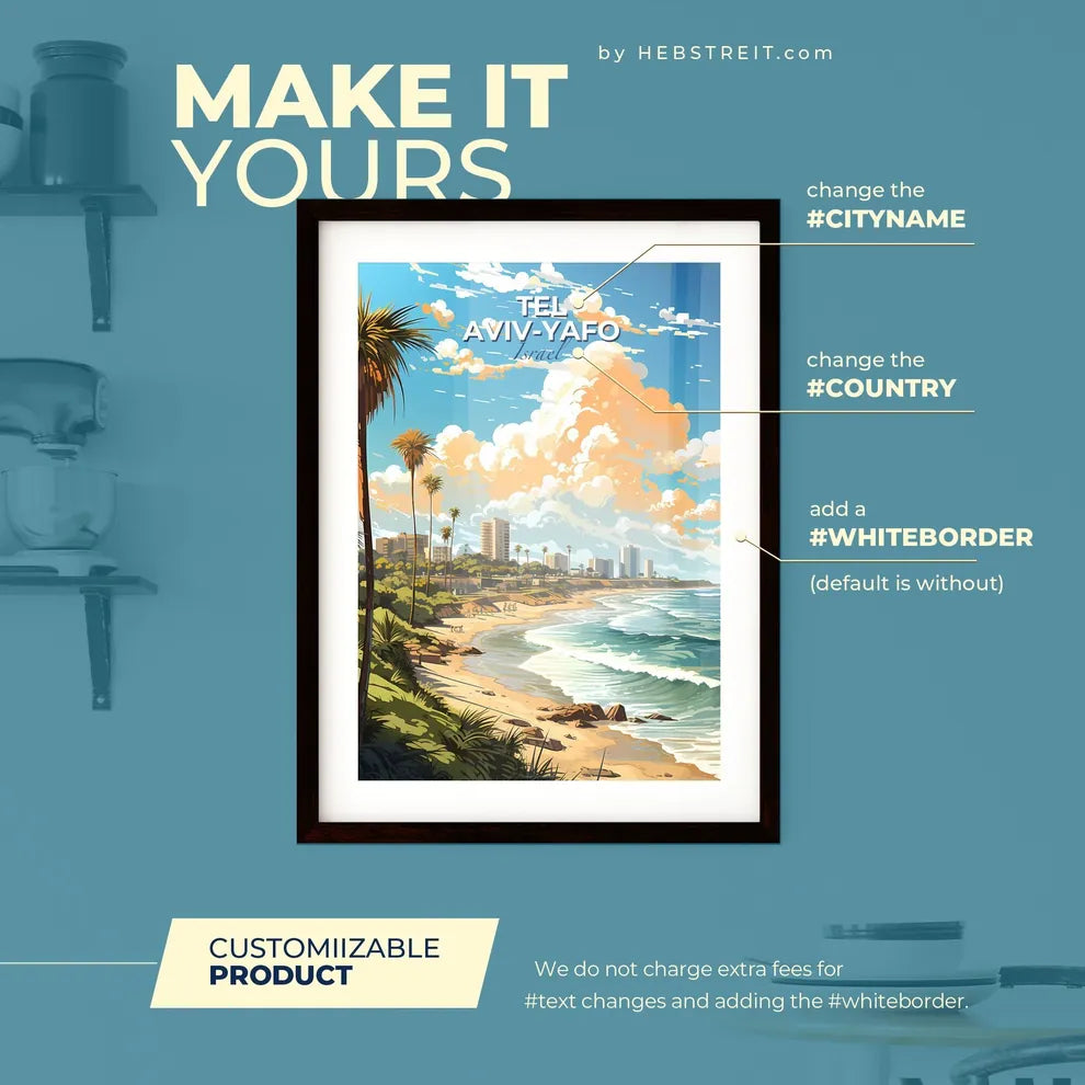 Tel Aviv-Yafo Israel Skyline - A Beach With Palm Trees And A City In The Background - Customizable Travel Gift Default Title