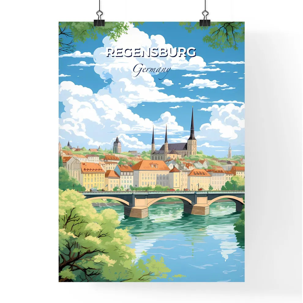 Regensburg Bavaria Germany Skyline - A Bridge Over A River With Buildings And Trees - Customizable Travel Gift Default Title