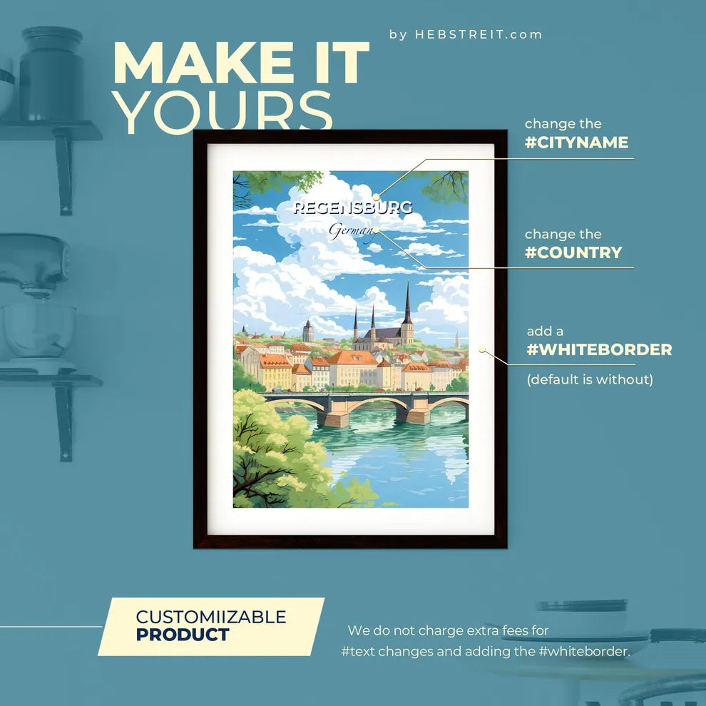 Regensburg Bavaria Germany Skyline - A Bridge Over A River With Buildings And Trees - Customizable Travel Gift Default Title