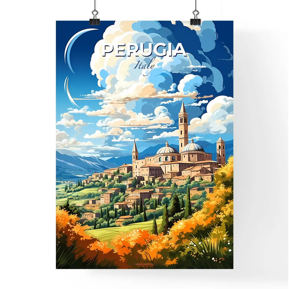 Perugia Italy Skyline - A Painting Of A Town With A Tower And Trees - Customizable Travel Gift Default Title