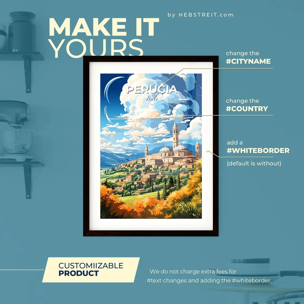 Perugia Italy Skyline - A Painting Of A Town With A Tower And Trees - Customizable Travel Gift Default Title