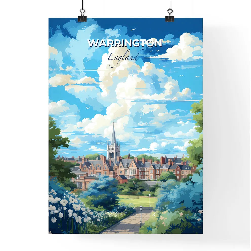 Warrington England Skyline - A Landscape Of A Town With Trees And A Church - Customizable Travel Gift Default Title
