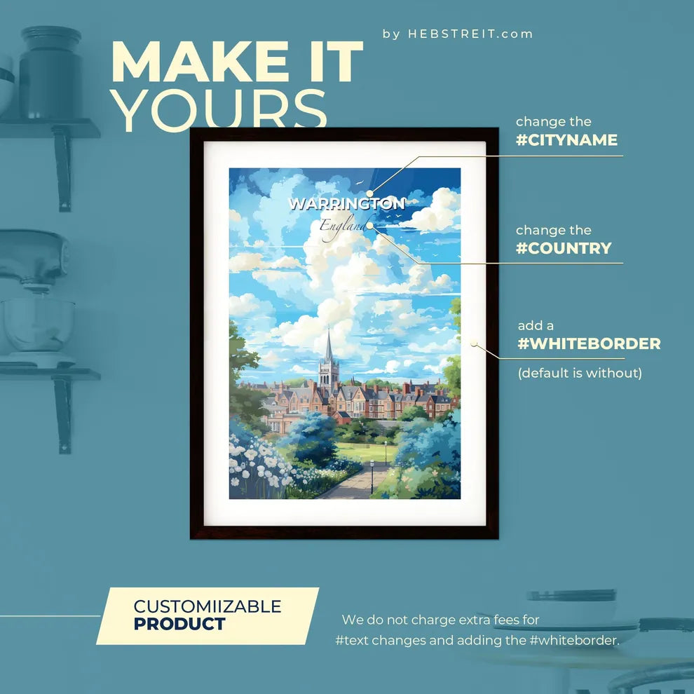 Warrington England Skyline - A Landscape Of A Town With Trees And A Church - Customizable Travel Gift Default Title