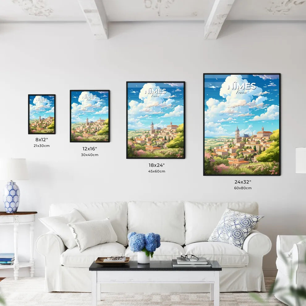Nmes France Skyline - A Landscape Of A Town With Trees And Buildings - Customizable Travel Gift Default Title