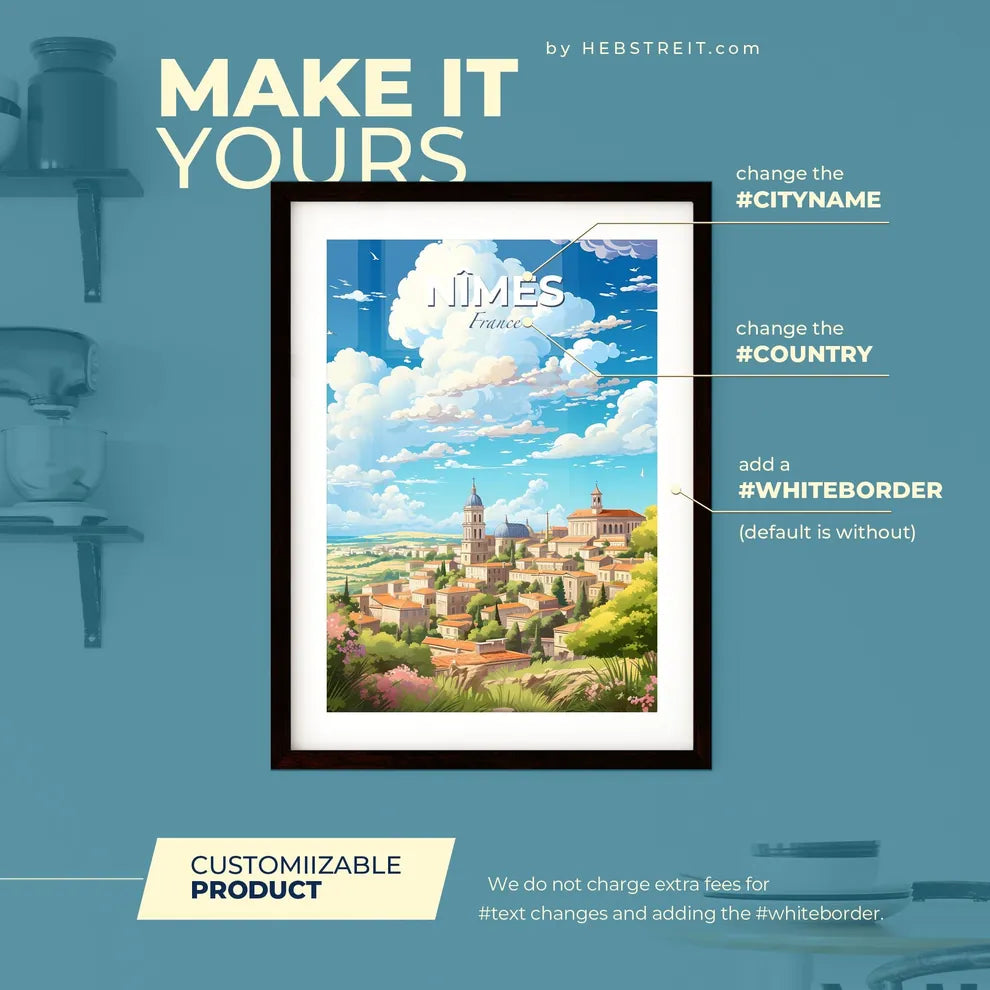 Nmes France Skyline - A Landscape Of A Town With Trees And Buildings - Customizable Travel Gift Default Title