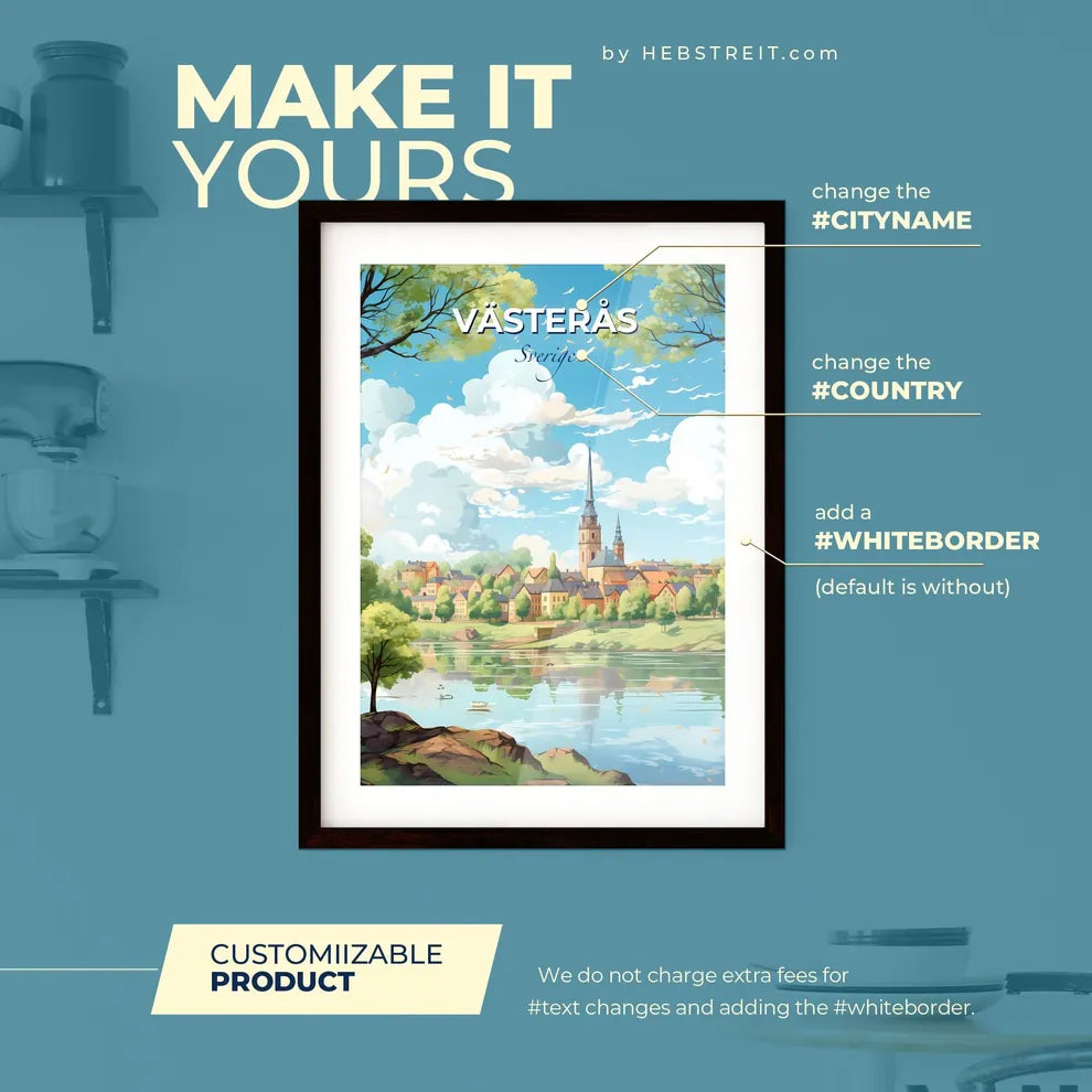 Vsters Sverige Skyline - A Landscape Of A Town With A Lake And Trees - Customizable Travel Gift Default Title