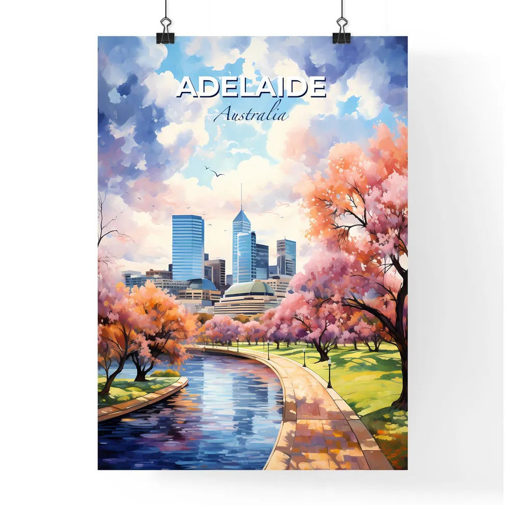 Adelaide Australia Skyline - A Water Way With Pink Trees And Buildings In The Background - Customizable Travel Gift Default Title