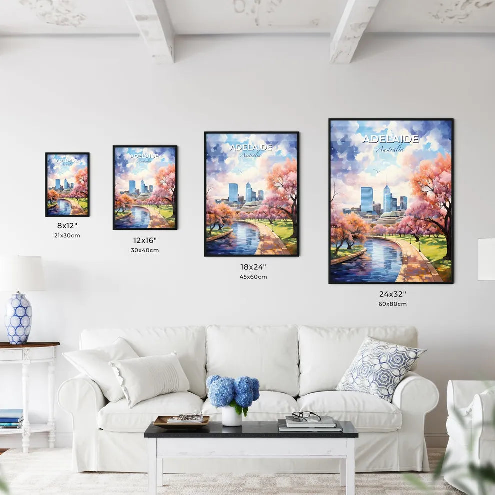 Adelaide Australia Skyline - A Water Way With Pink Trees And Buildings In The Background - Customizable Travel Gift Default Title