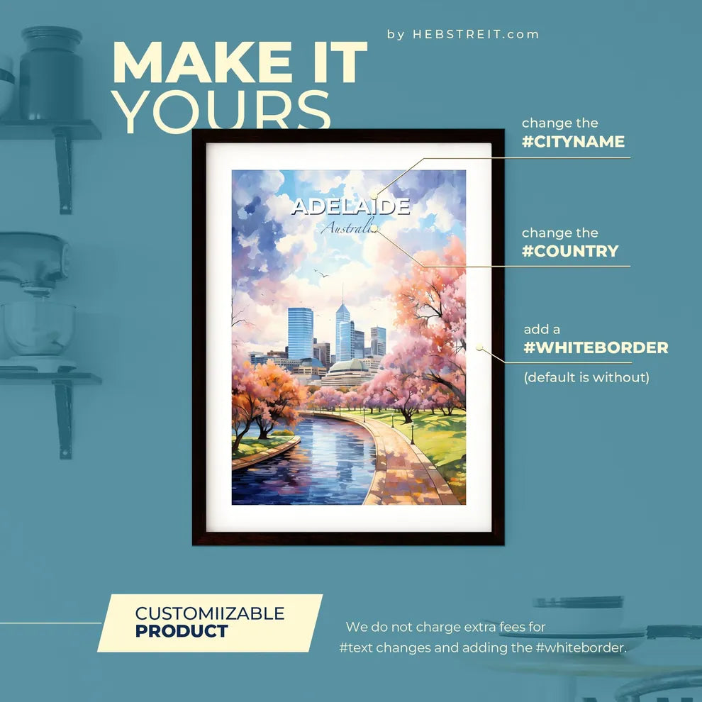 Adelaide Australia Skyline - A Water Way With Pink Trees And Buildings In The Background - Customizable Travel Gift Default Title