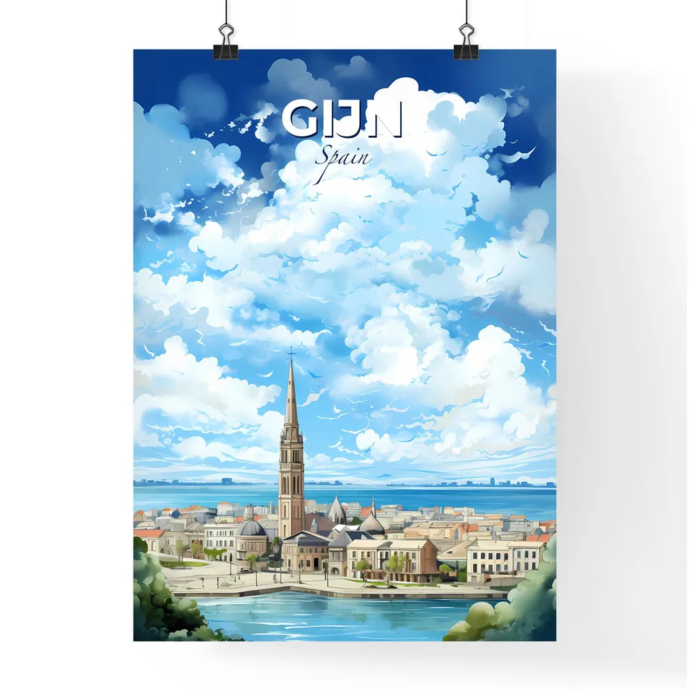 Gijn Spain Skyline - A City With A Tall Tower And A Body Of Water - Customizable Travel Gift Default Title