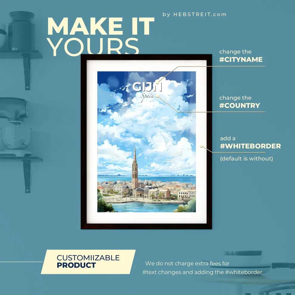 Gijn Spain Skyline - A City With A Tall Tower And A Body Of Water - Customizable Travel Gift Default Title