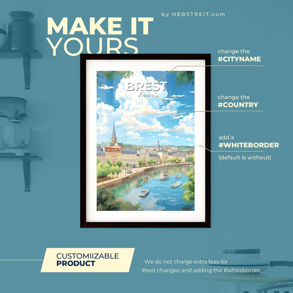 Brest France Skyline - A River With Boats On It And Buildings And Trees - Customizable Travel Gift Default Title