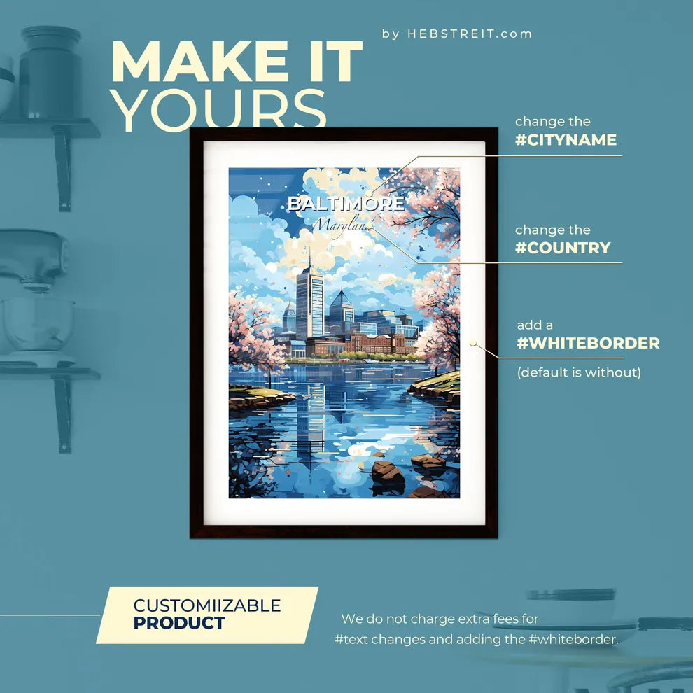 Baltimore Maryland Skyline - A Water Body With Trees And Buildings In The Background - Customizable Travel Gift Default Title