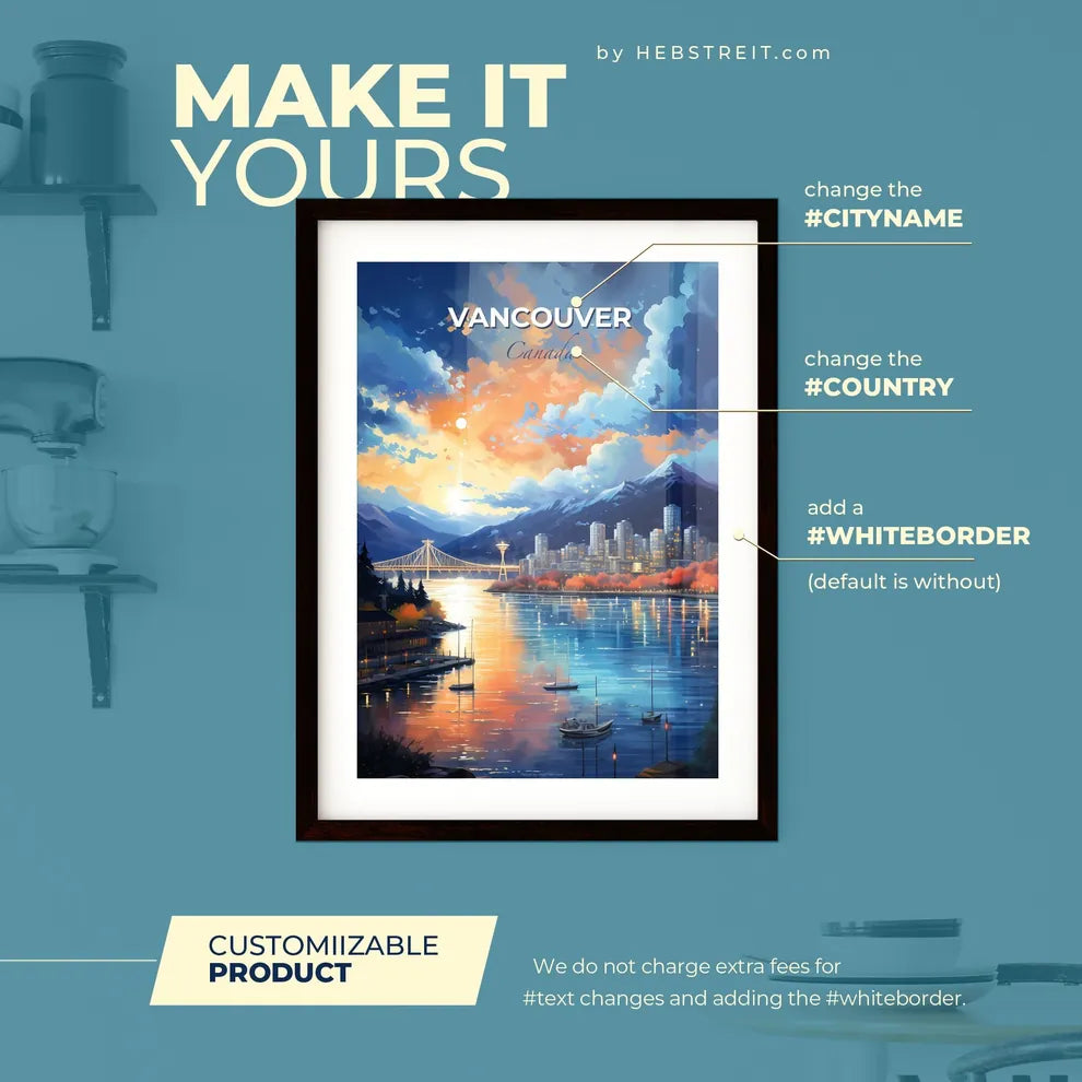 Vancouver Canada Skyline - A City By A River With A Bridge And Mountains In The Background - Customizable Travel Gift Default Title