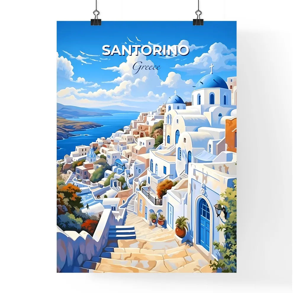 Santorino Greece Skyline - A Painting Of A Town By The Water - Customizable Travel Gift Default Title