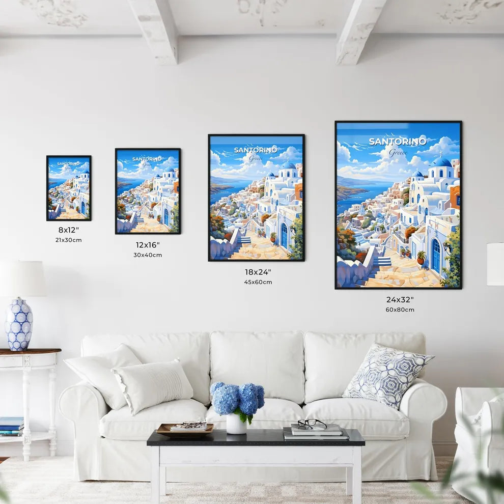Santorino Greece Skyline - A Painting Of A Town By The Water - Customizable Travel Gift Default Title