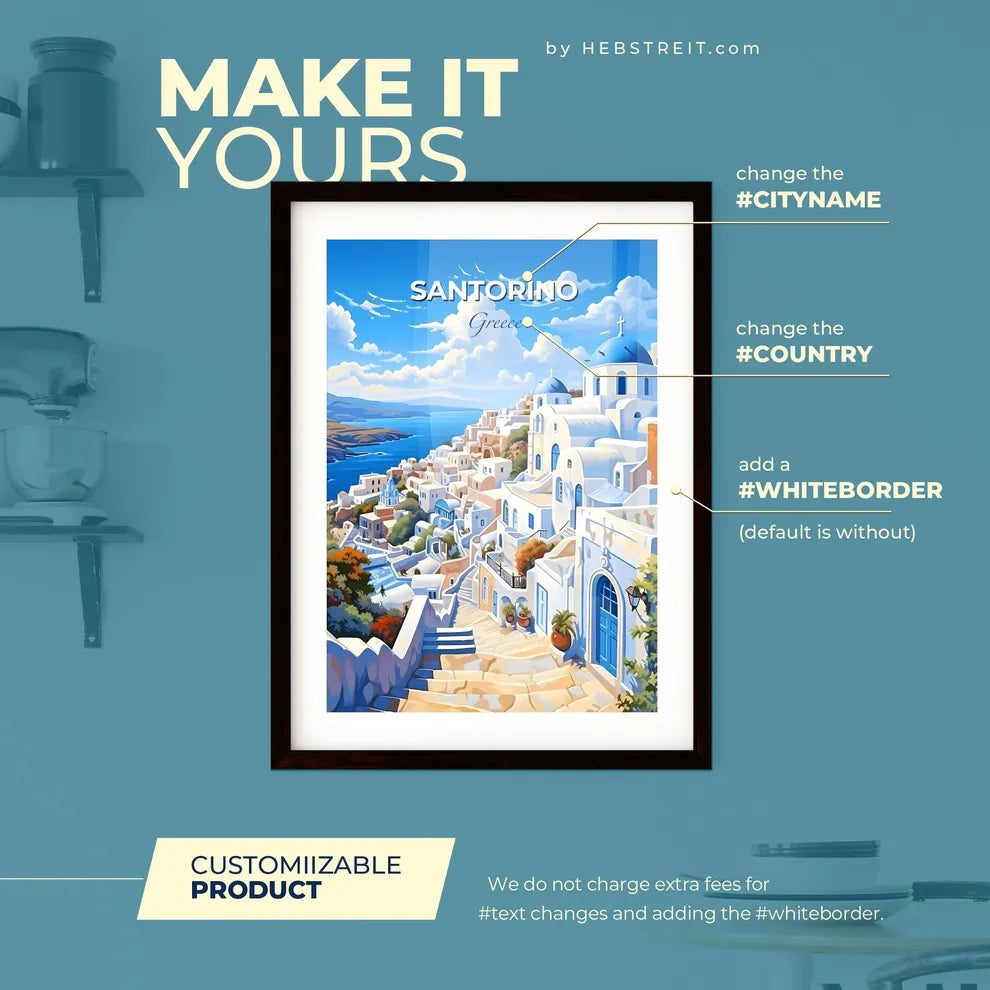 Santorino Greece Skyline - A Painting Of A Town By The Water - Customizable Travel Gift Default Title