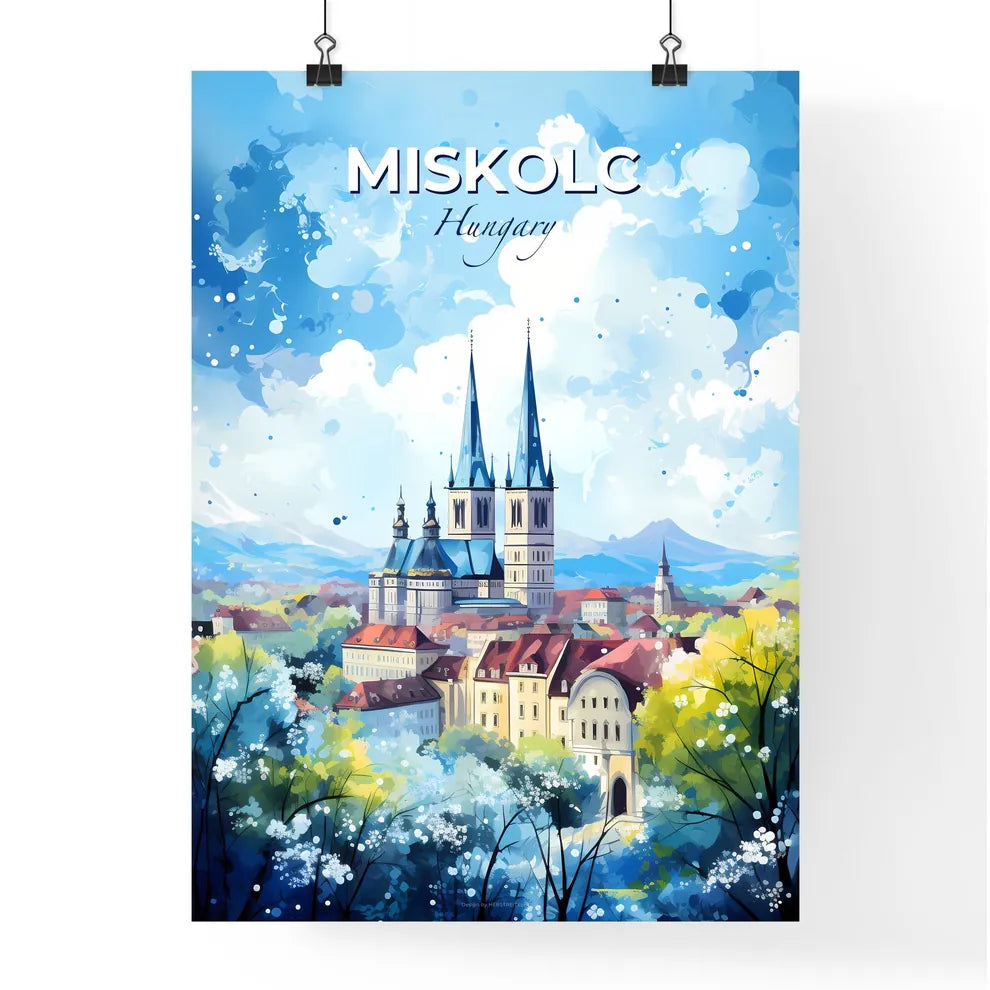 Miskolc Hungary Skyline - A Painting Of A City With A Church And Trees - Customizable Travel Gift Default Title