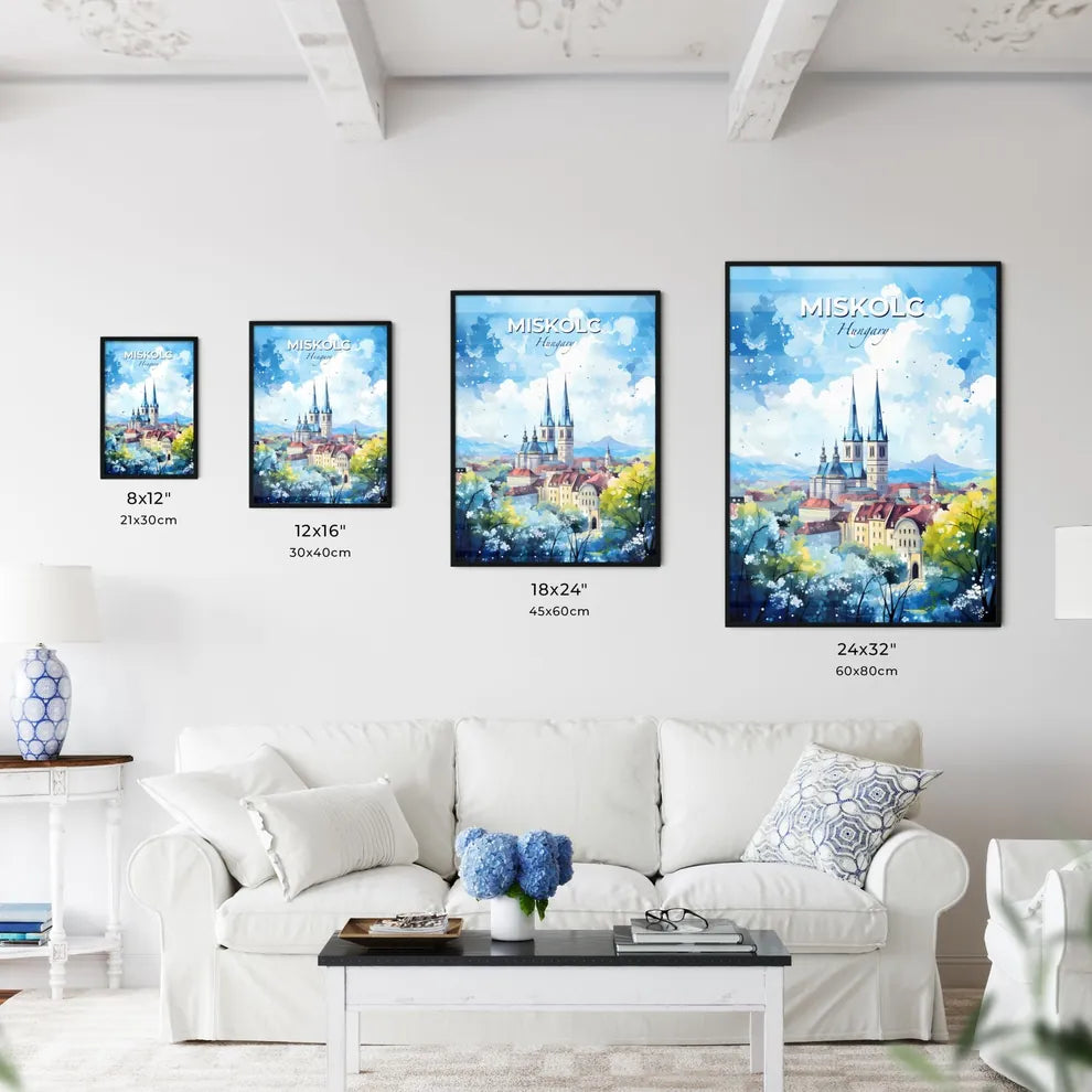 Miskolc Hungary Skyline - A Painting Of A City With A Church And Trees - Customizable Travel Gift Default Title