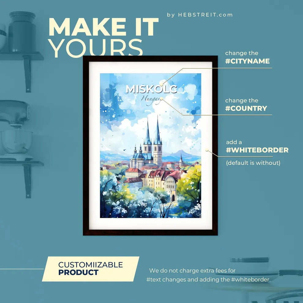 Miskolc Hungary Skyline - A Painting Of A City With A Church And Trees - Customizable Travel Gift Default Title