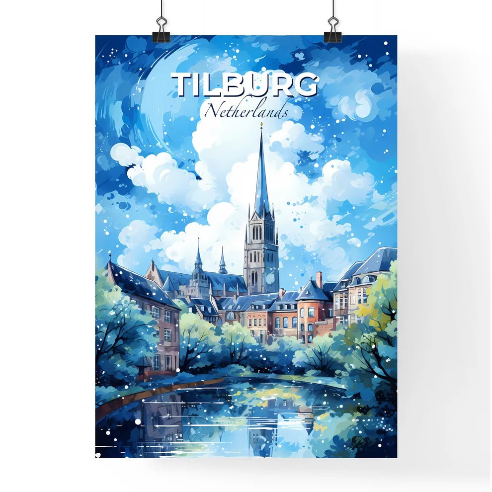 Tilburg Netherlands Skyline - A Painting Of A City With A Church And Trees - Customizable Travel Gift Default Title
