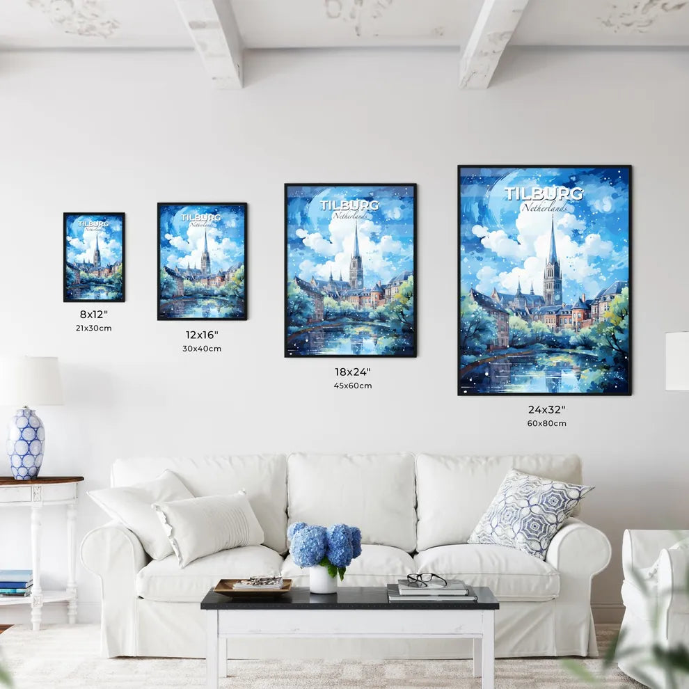 Tilburg Netherlands Skyline - A Painting Of A City With A Church And Trees - Customizable Travel Gift Default Title