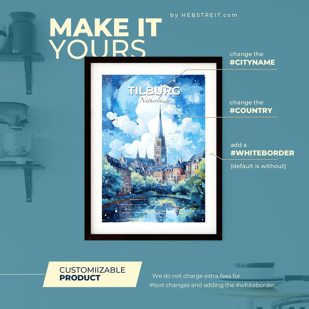 Tilburg Netherlands Skyline - A Painting Of A City With A Church And Trees - Customizable Travel Gift Default Title