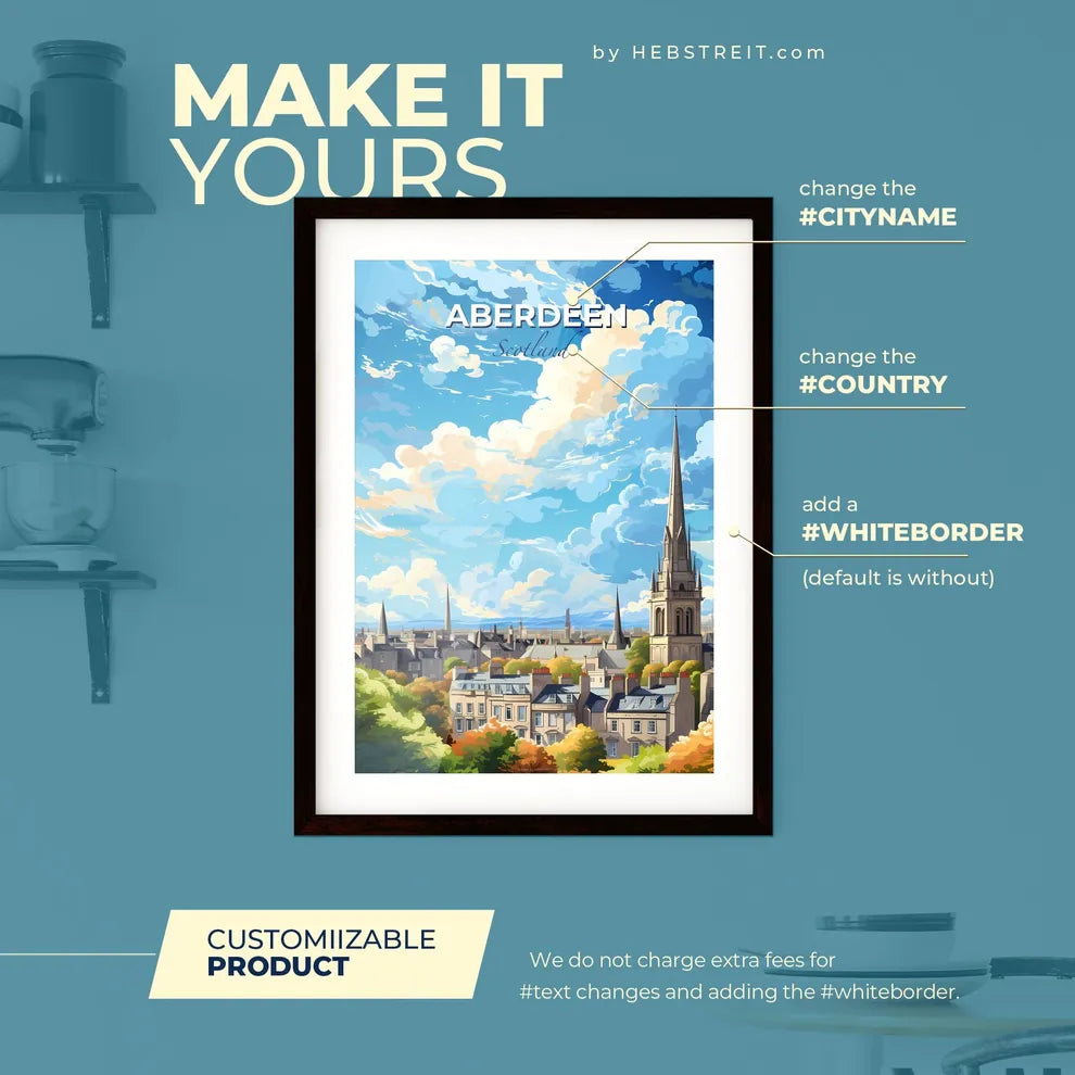 Aberdeen Scotland Skyline - A City With A Tall Spire And A Tower - Customizable Travel Gift Default Title