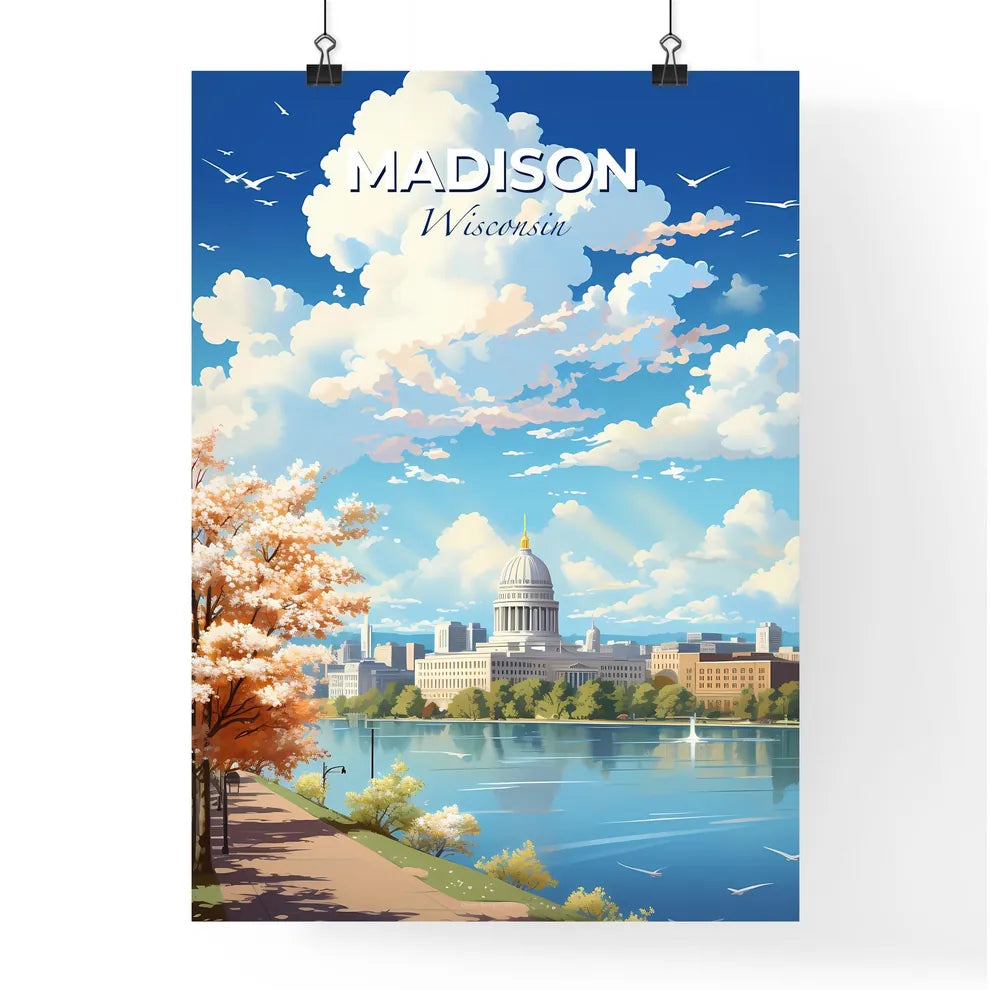 Madison Wisconsin Skyline - A Water Body With A Building And Trees - Customizable Travel Gift Default Title